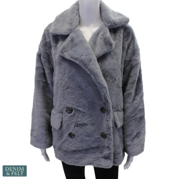Free People Kate Faux Fur Coat Cloudy Day Gray Faux Fur Double Breasted Jacket - Picture 7 of 16